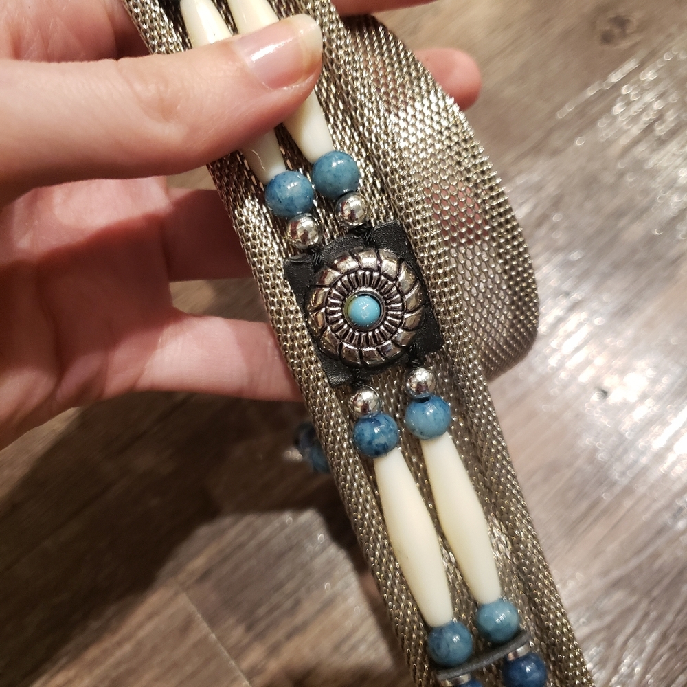 Silver mesh Belt with turquoise and ivory colored beads western - Picture 3 of 5